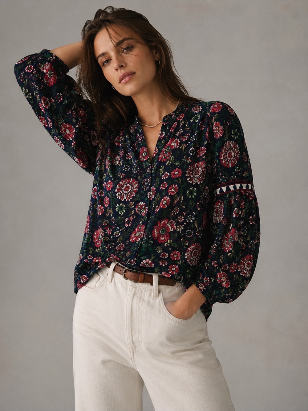Liza Byrd McKenzie Top XS Black Pink Floral Cotton Boho Peasant Blouse